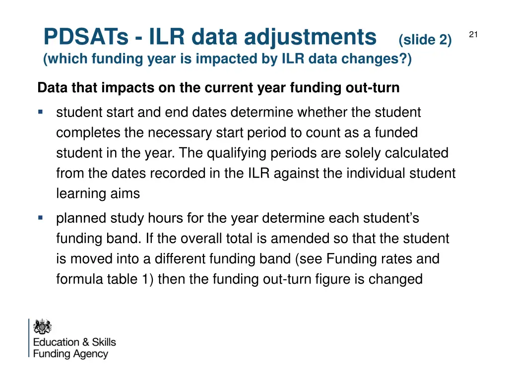 pdsats ilr data adjustments which funding year 1