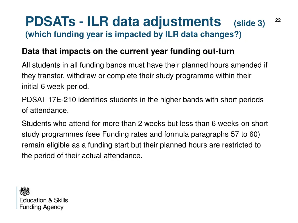 pdsats ilr data adjustments which funding year 2