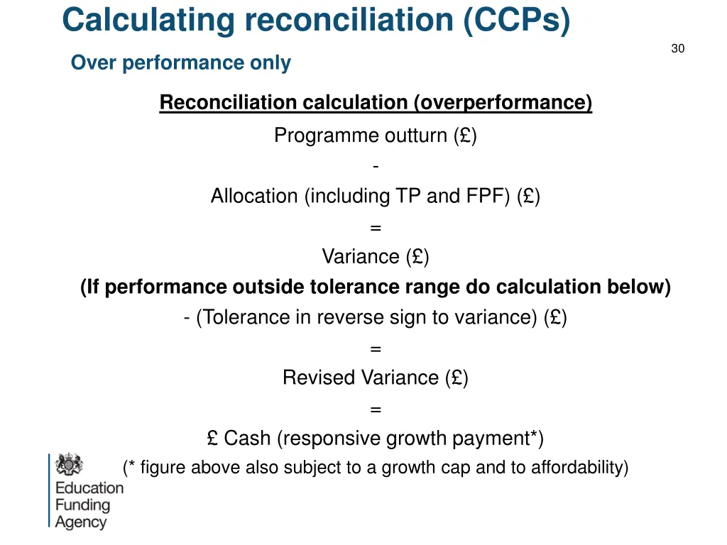 calculating reconciliation ccps over performance