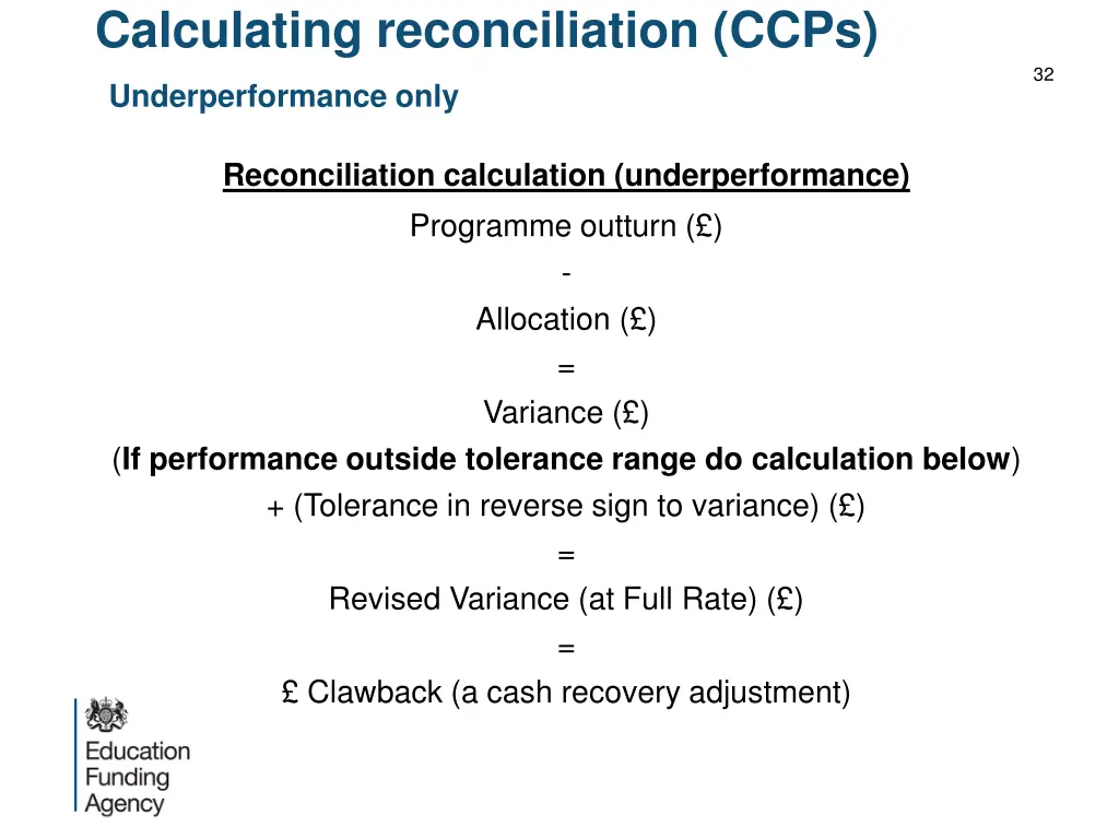 calculating reconciliation ccps underperformance