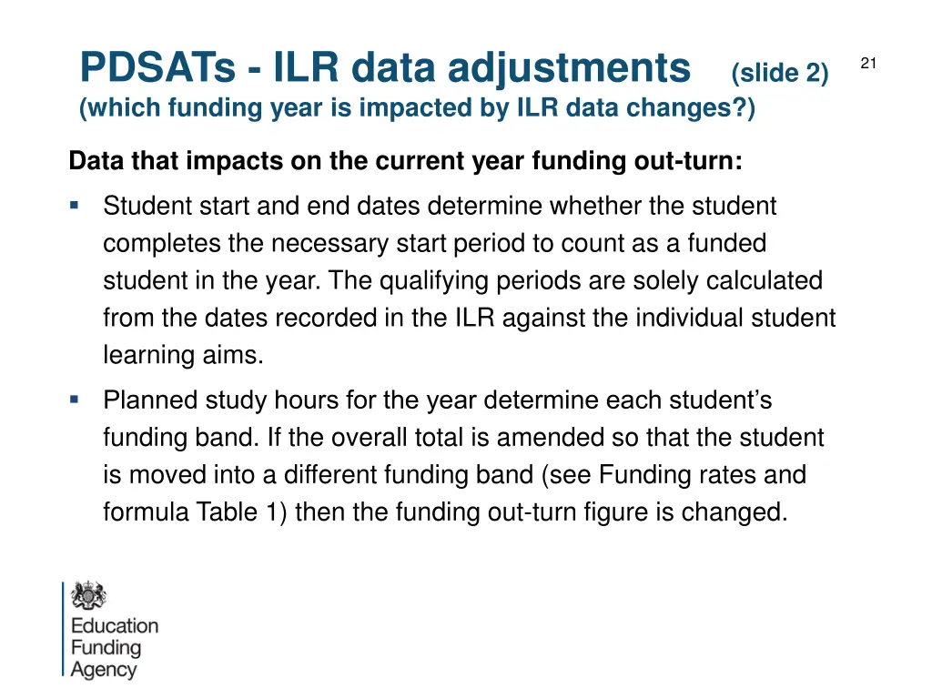 pdsats ilr data adjustments which funding year 1