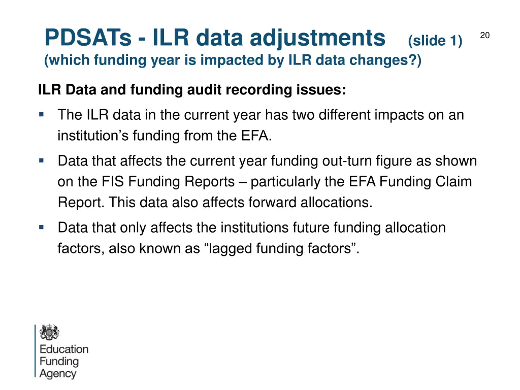 pdsats ilr data adjustments which funding year