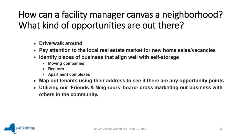 how can a facility manager canvas a neighborhood