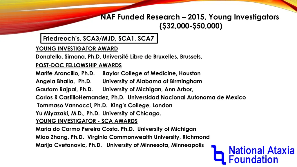 naf funded research 2015 young investigators