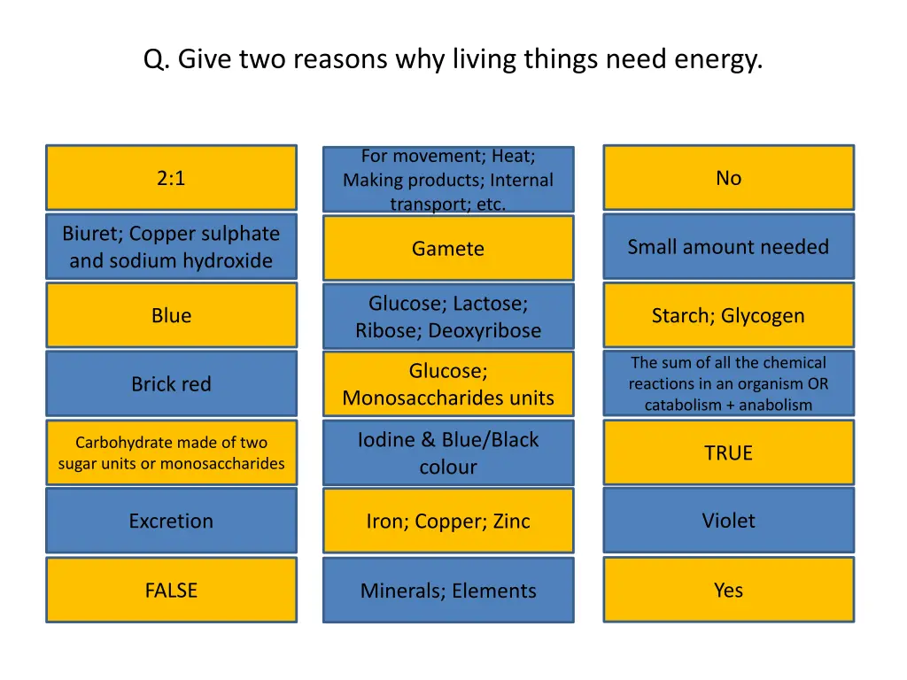 q give two reasons why living things need energy