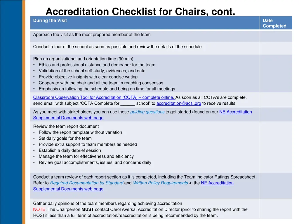 accreditation checklist for chairs cont during