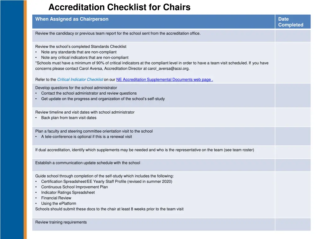 accreditation checklist for chairs