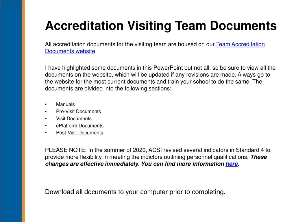 accreditation visiting team documents