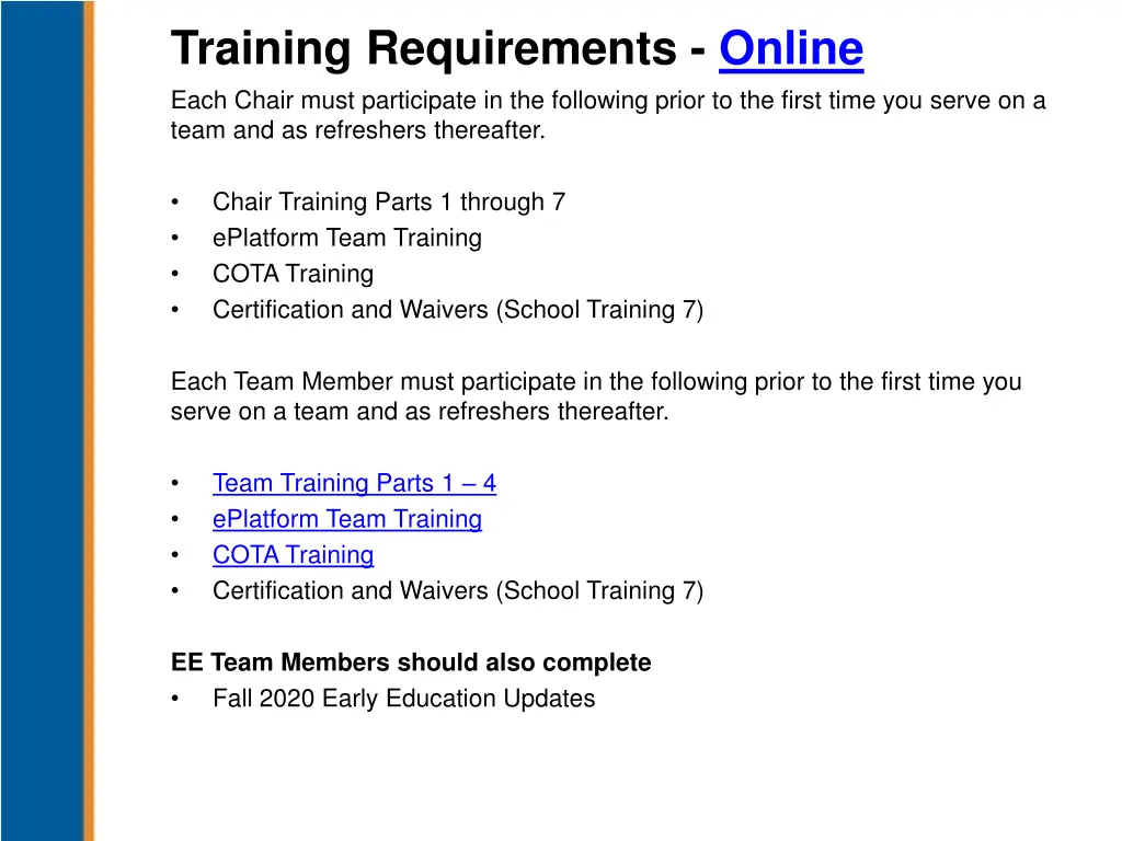 training requirements online each chair must