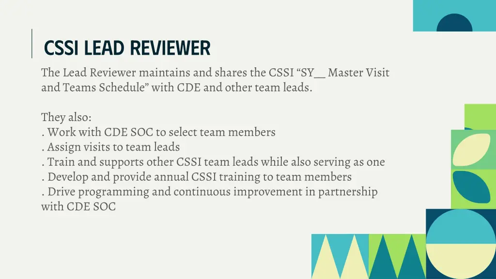 cssi lead reviewer the lead reviewer maintains