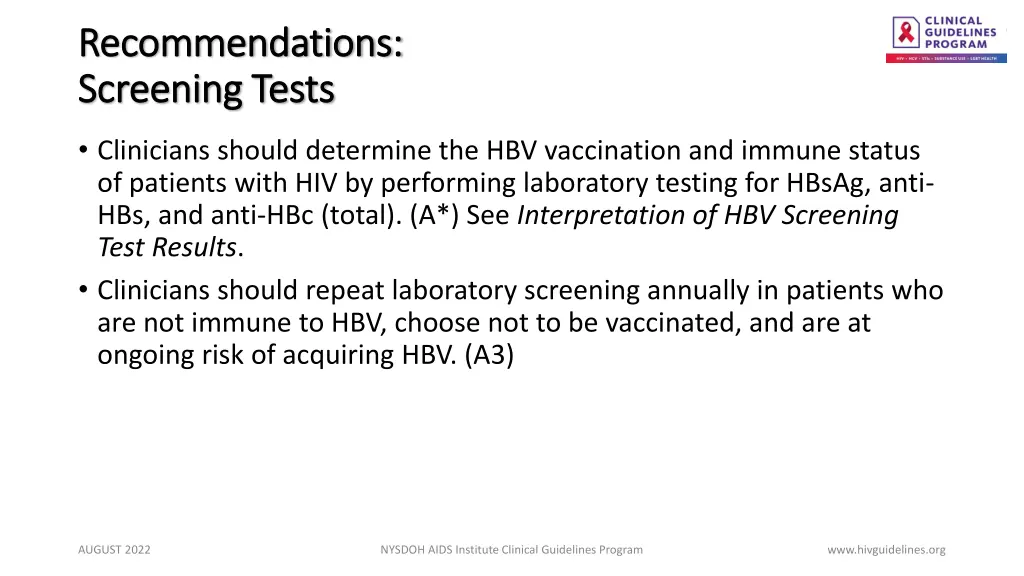 recommendations recommendations screening tests