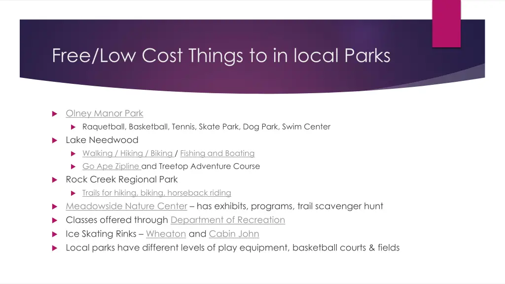 free low cost things to in local parks