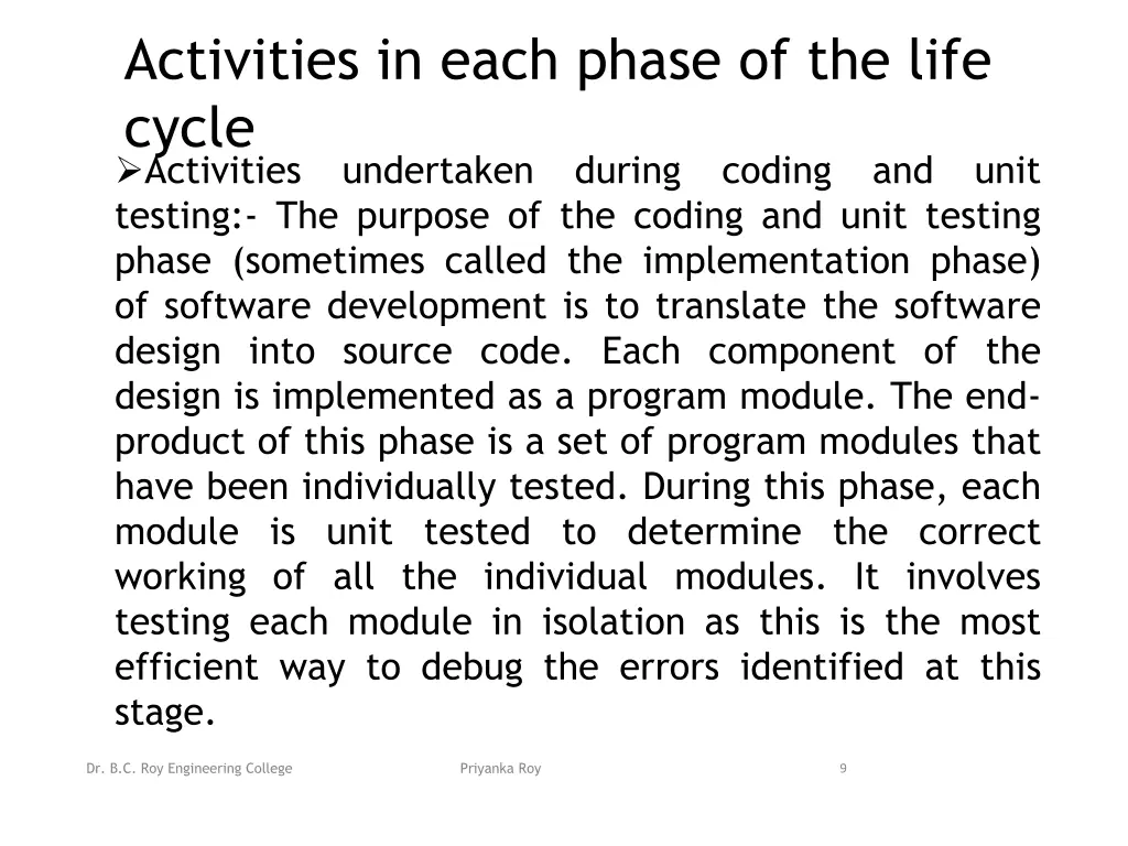 activities in each phase of the life cycle 1