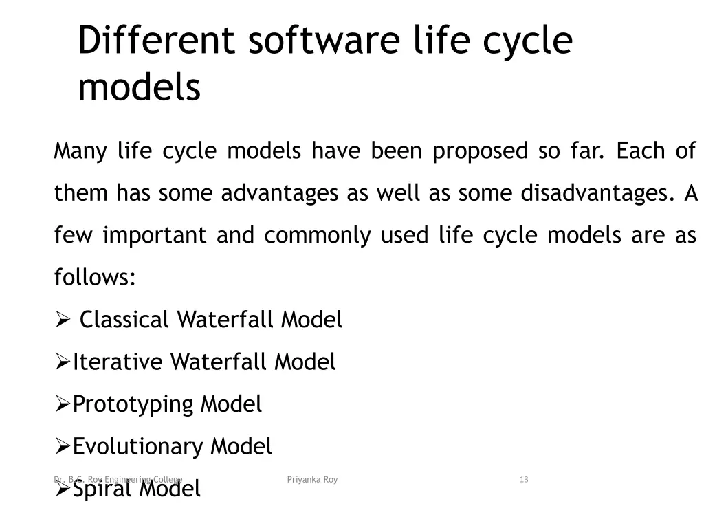 different software life cycle models