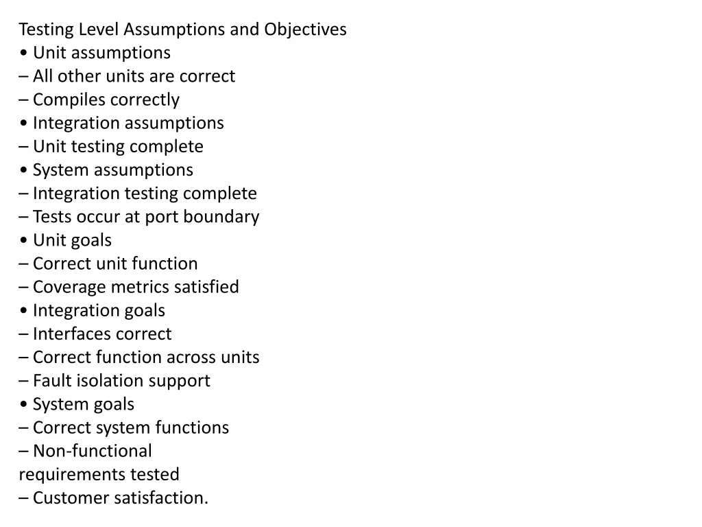 testing level assumptions and objectives unit