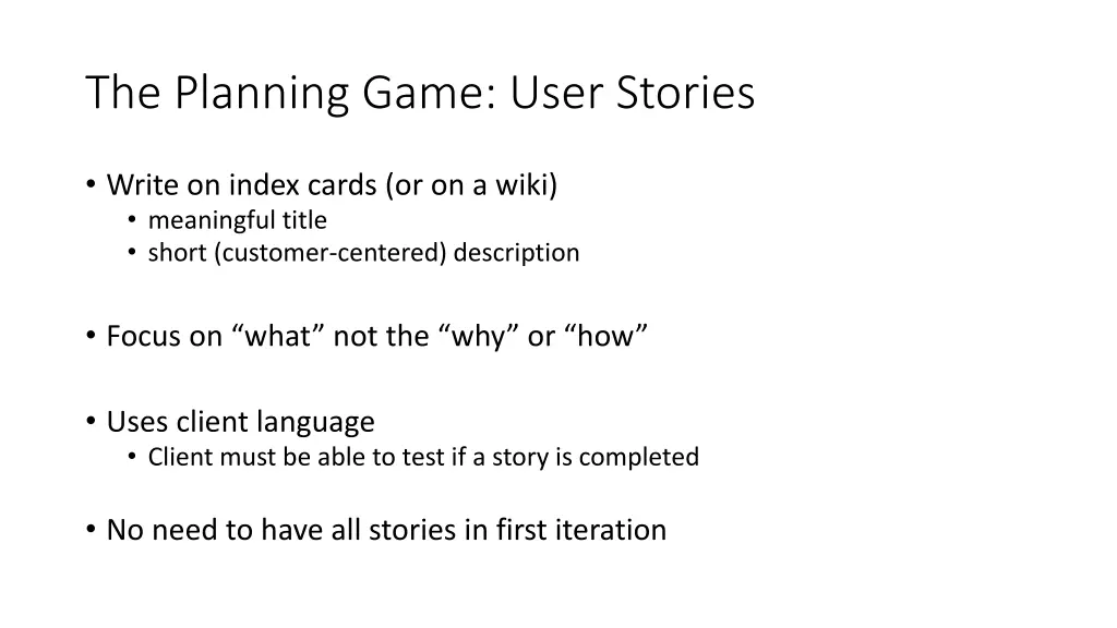 the planning game user stories