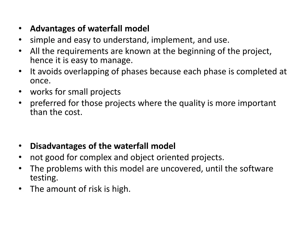 advantages of waterfall model simple and easy