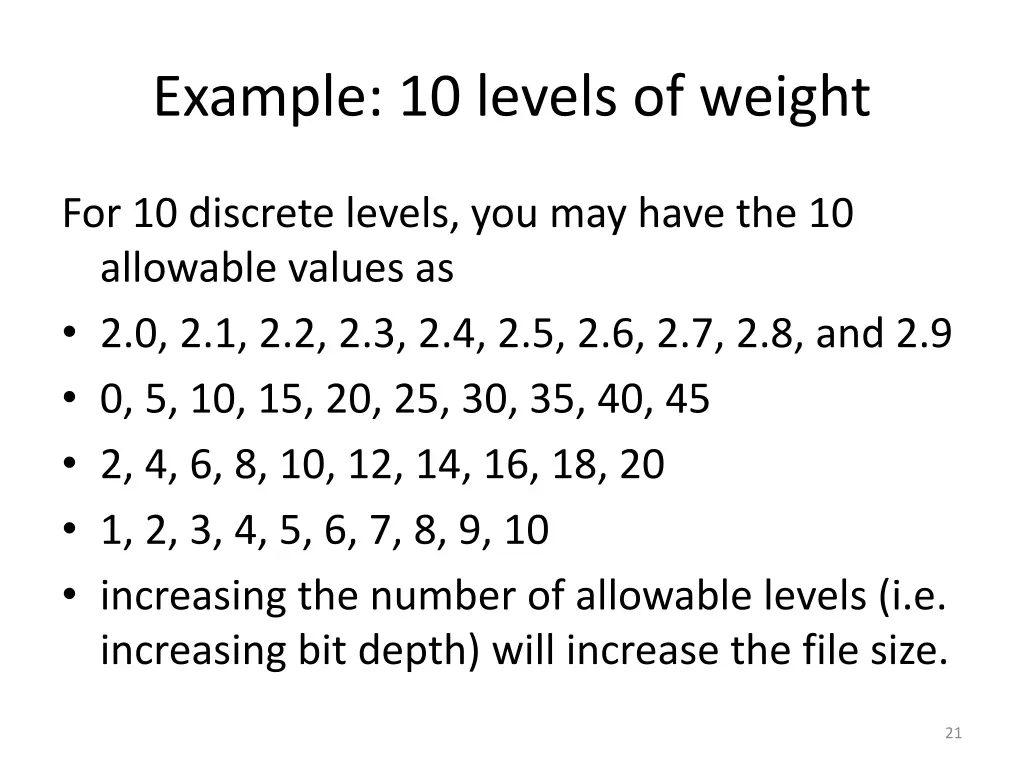 example 10 levels of weight