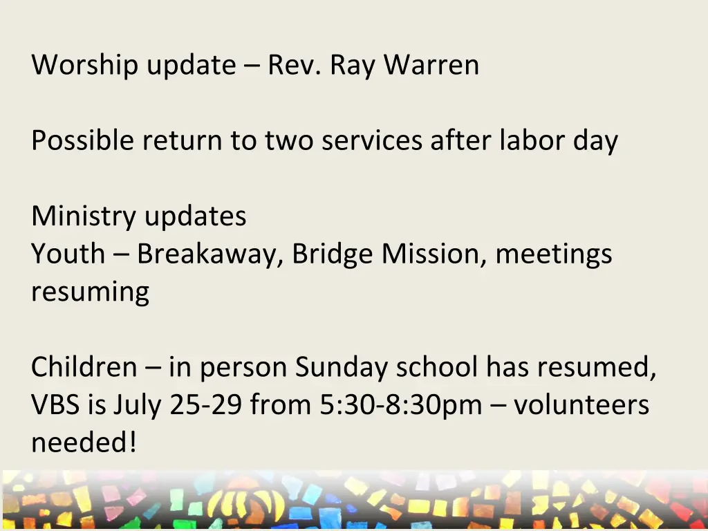 worship update rev ray warren