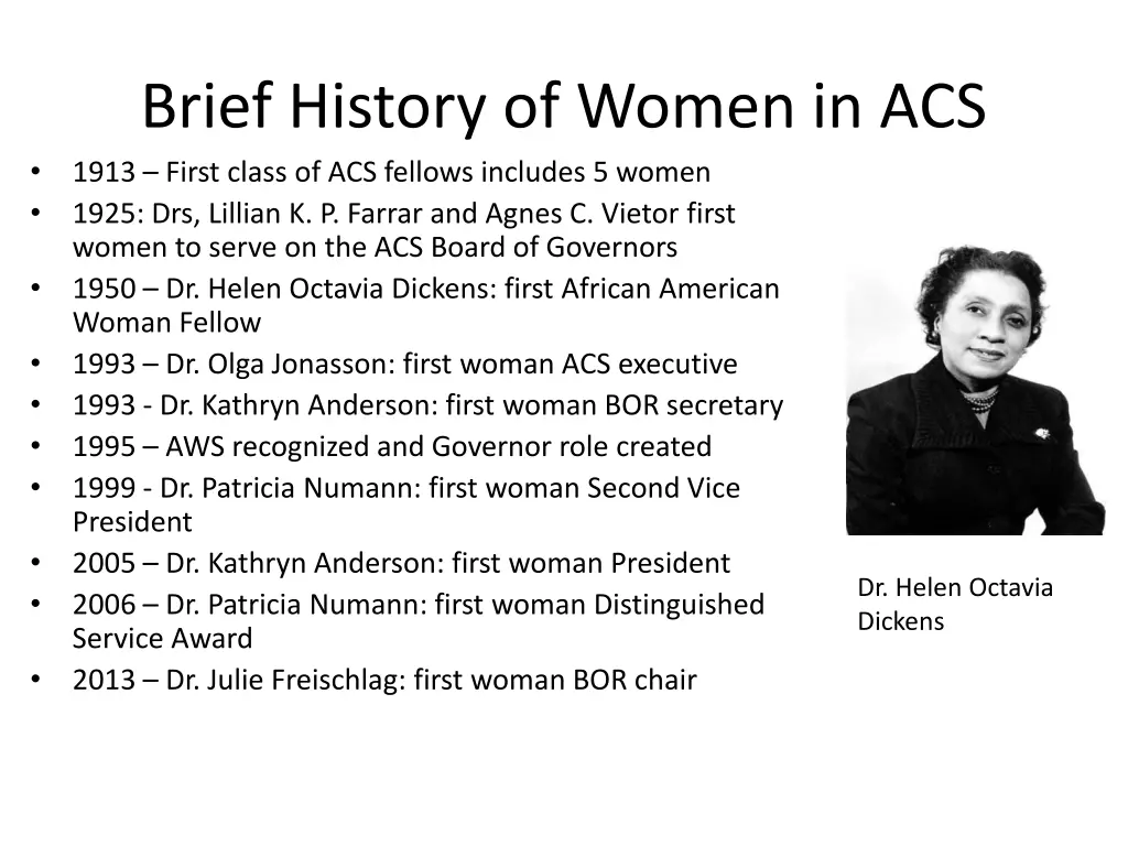 brief history of women in acs 1913 first class