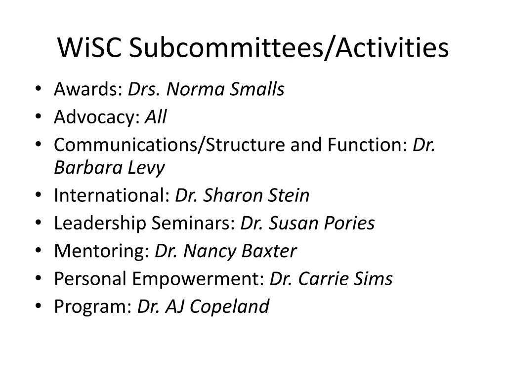 wisc subcommittees activities