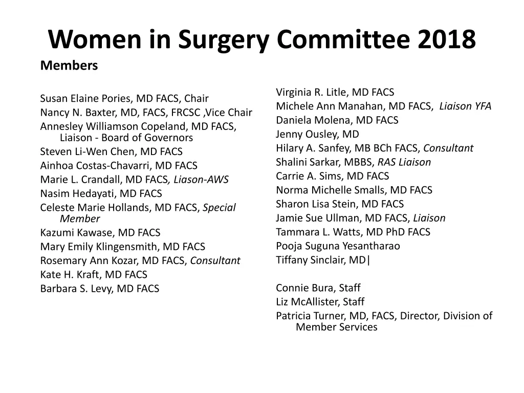 women in surgery committee 2018 members