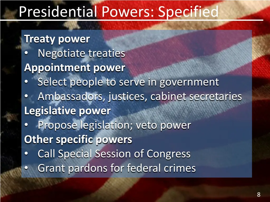 presidential powers specified