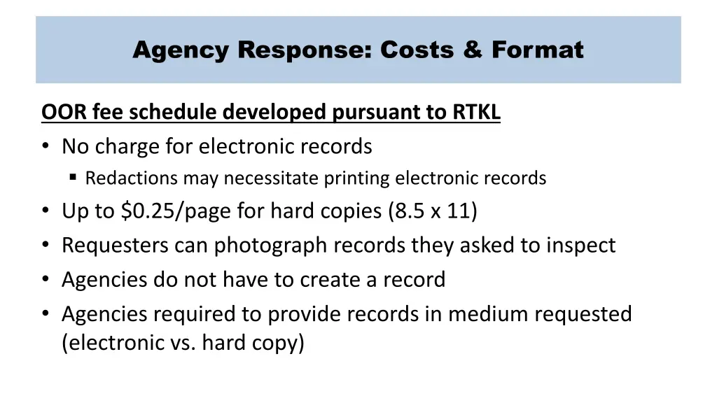 agency response costs format