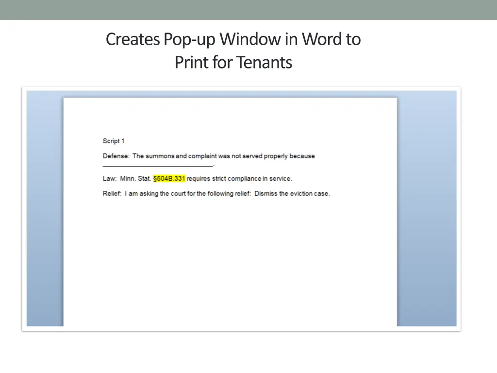 creates pop up window in word to print for tenants