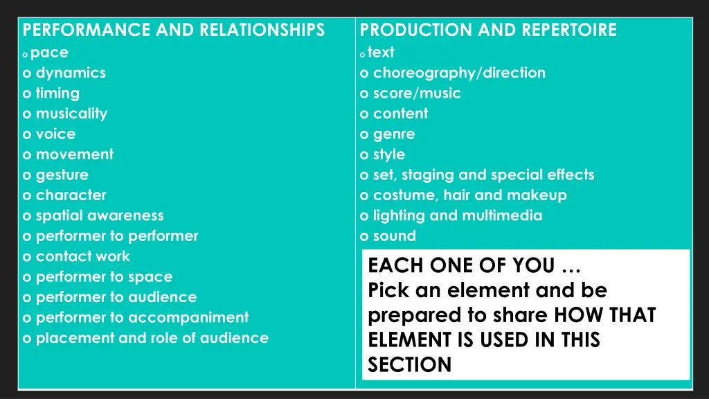 performance and relationships o pace o dynamics