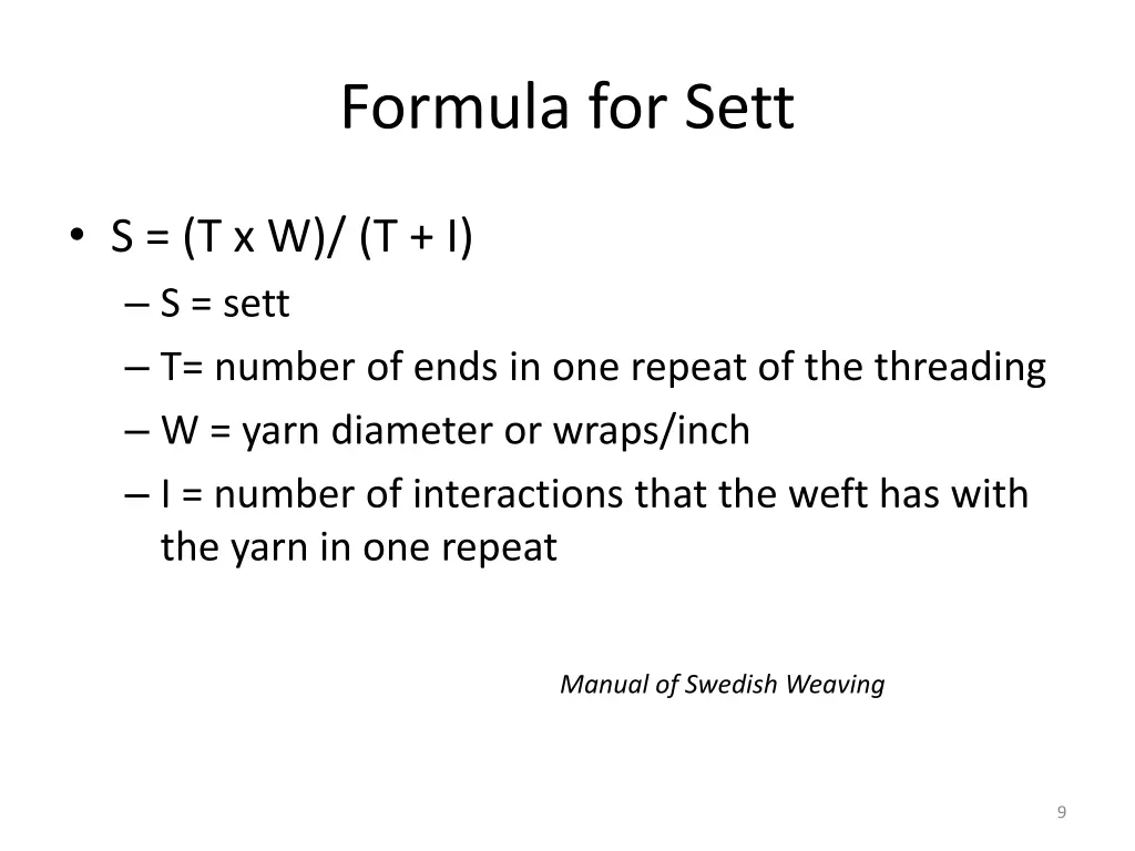 formula for sett