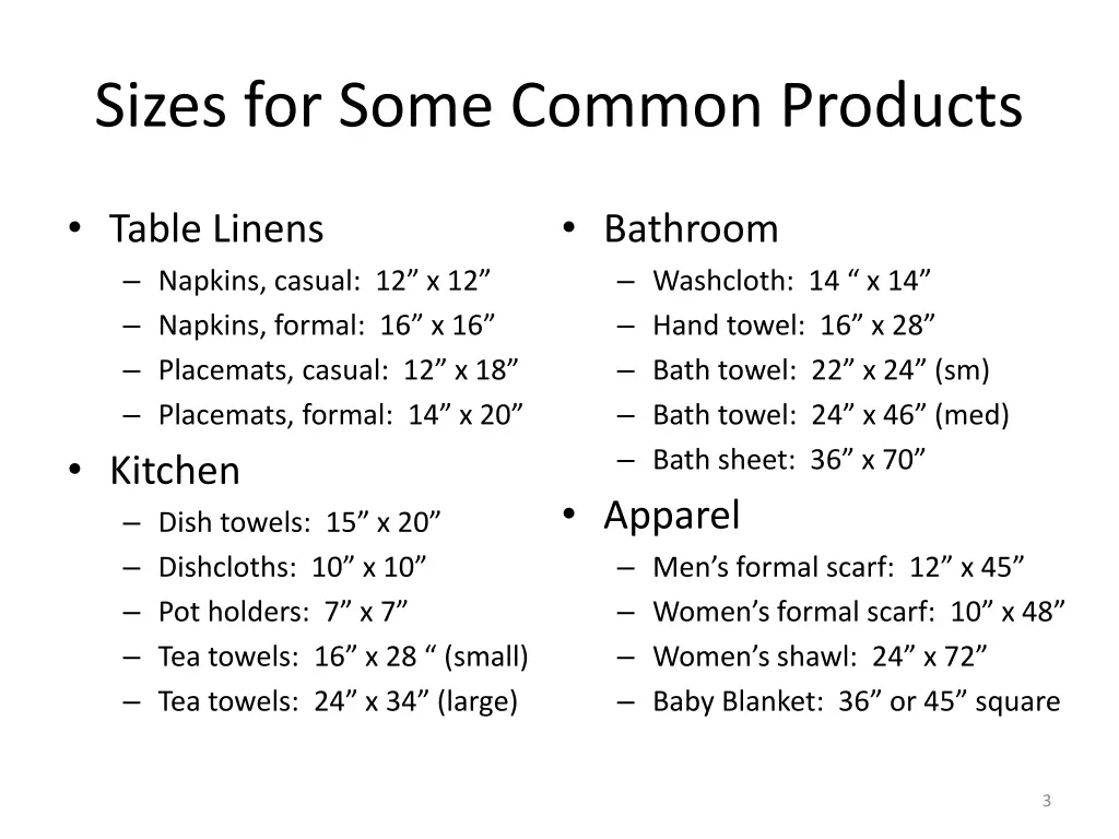 sizes for some common products