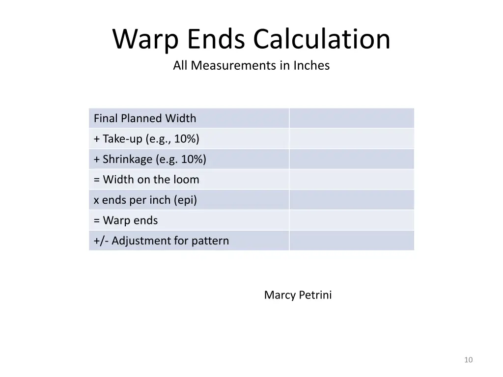 warp ends calculation all measurements in inches