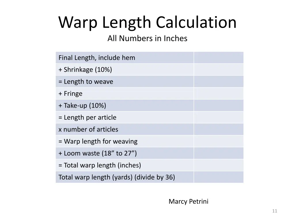 warp length calculation all numbers in inches