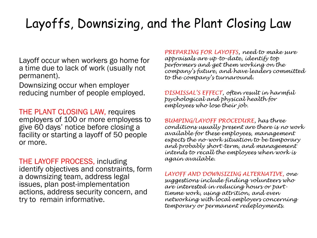 layoffs downsizing and the plant closing law