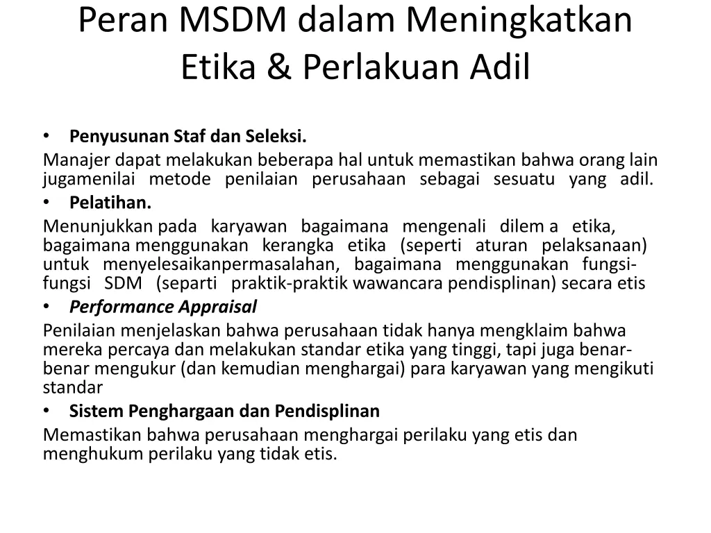 peran msdm dalam meningkatkan etika perlakuan adil