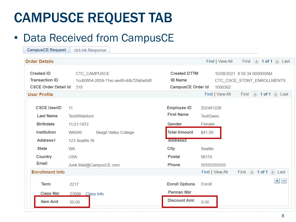 campusce request tab data received from campusce