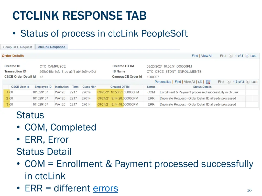 ctclink response tab status of process in ctclink