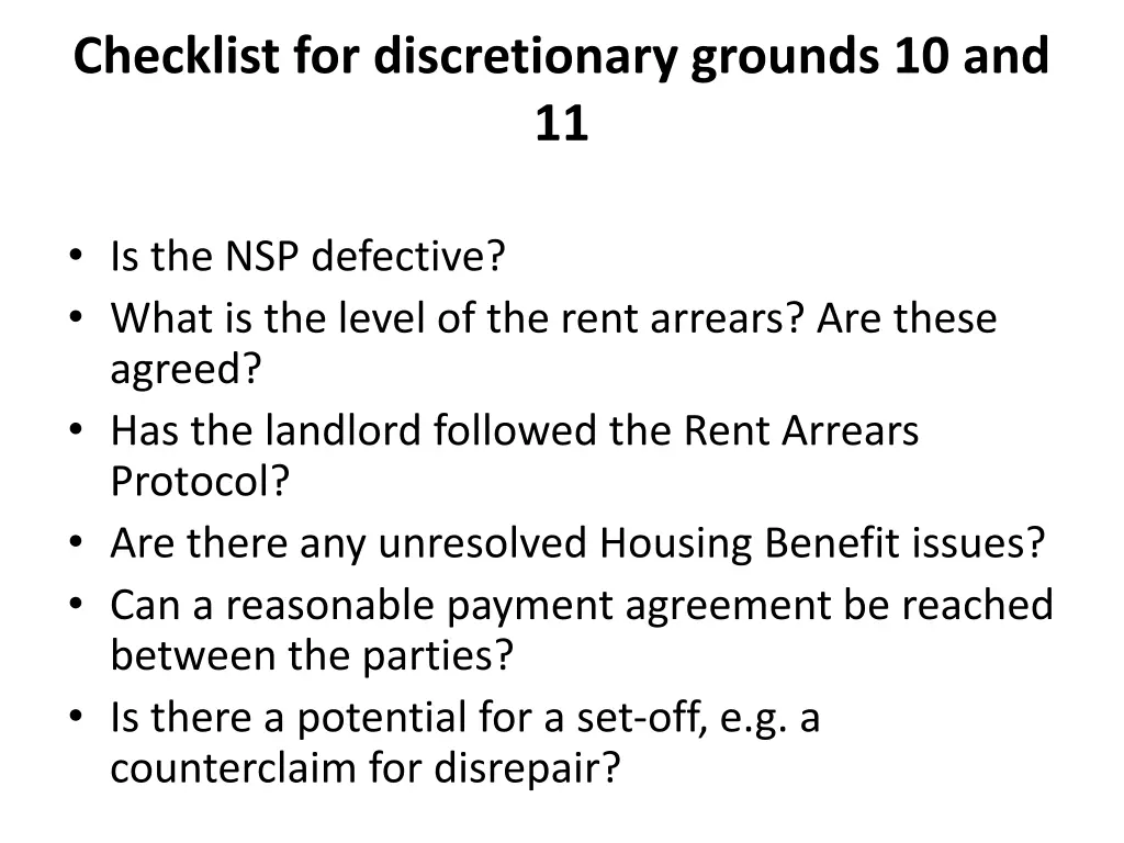 checklist for discretionary grounds 10 and 11