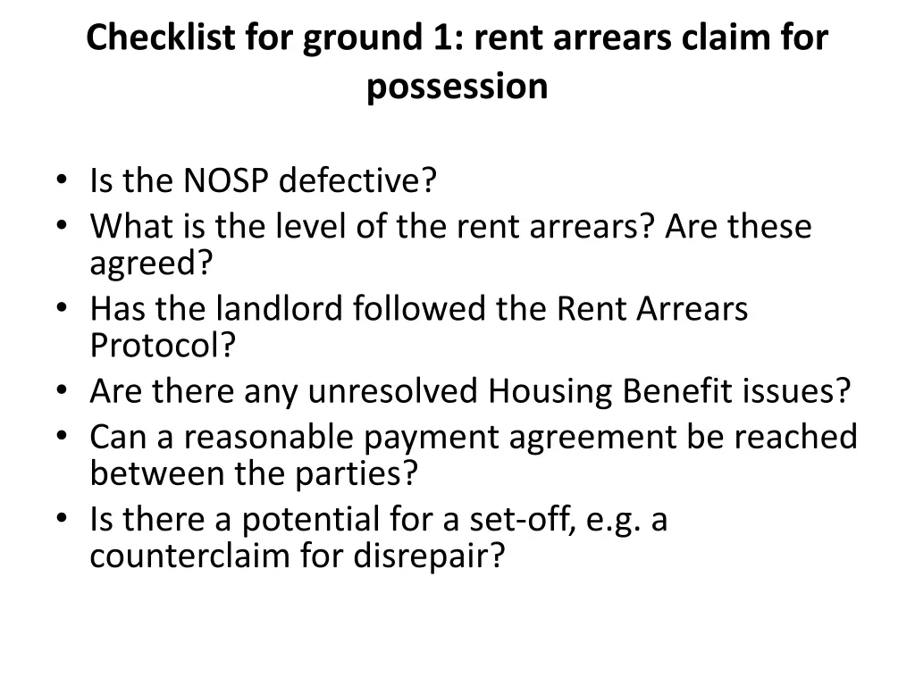 checklist for ground 1 rent arrears claim