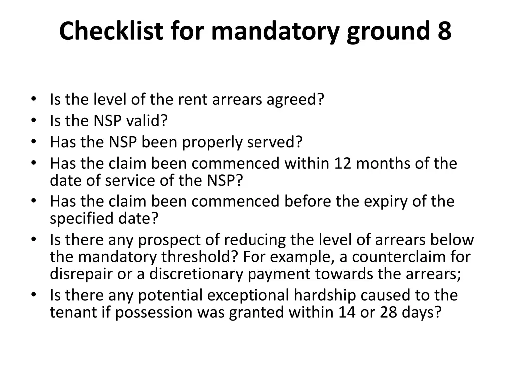 checklist for mandatory ground 8