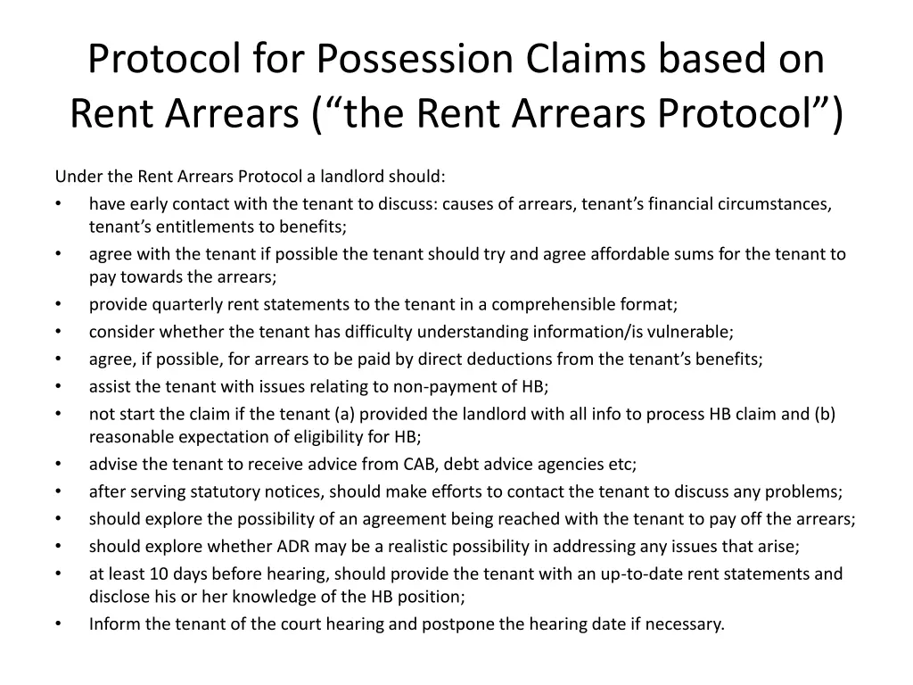 protocol for possession claims based on rent