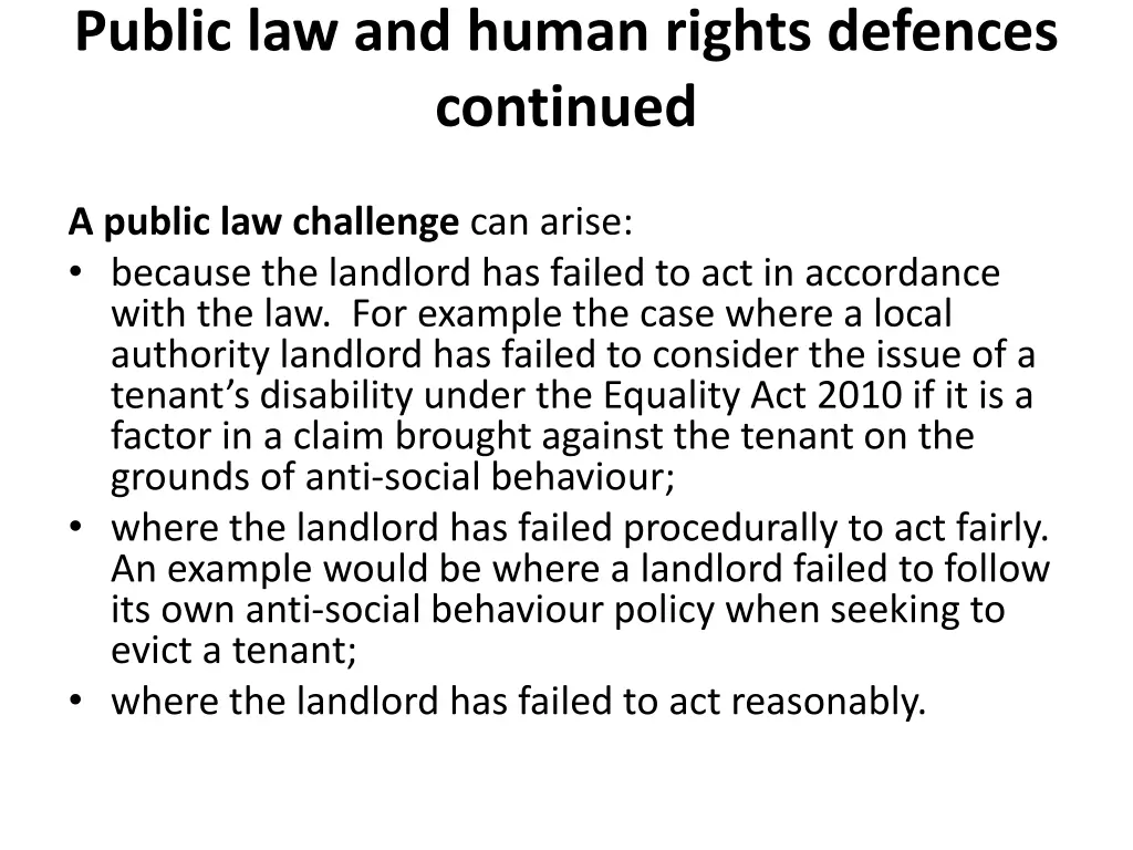 public law and human rights defences continued