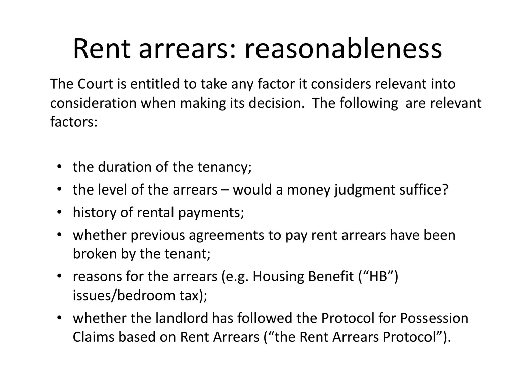 rent arrears reasonableness