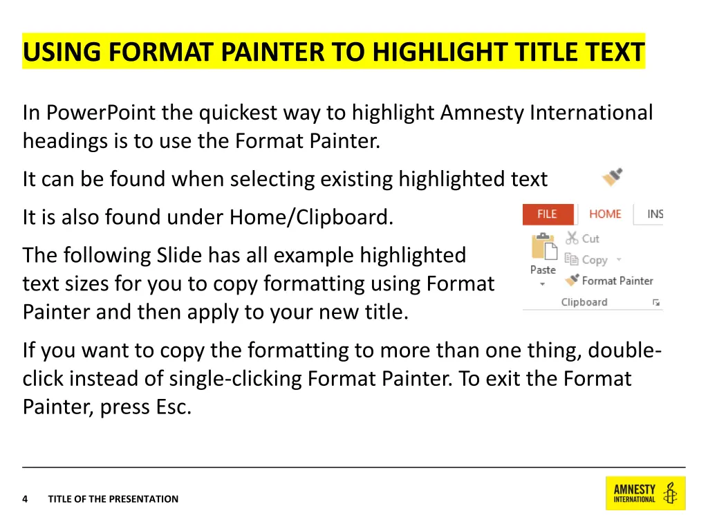 using format painter to highlight title text