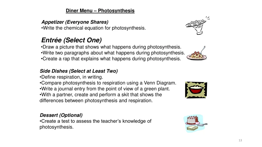 diner menu photosynthesis