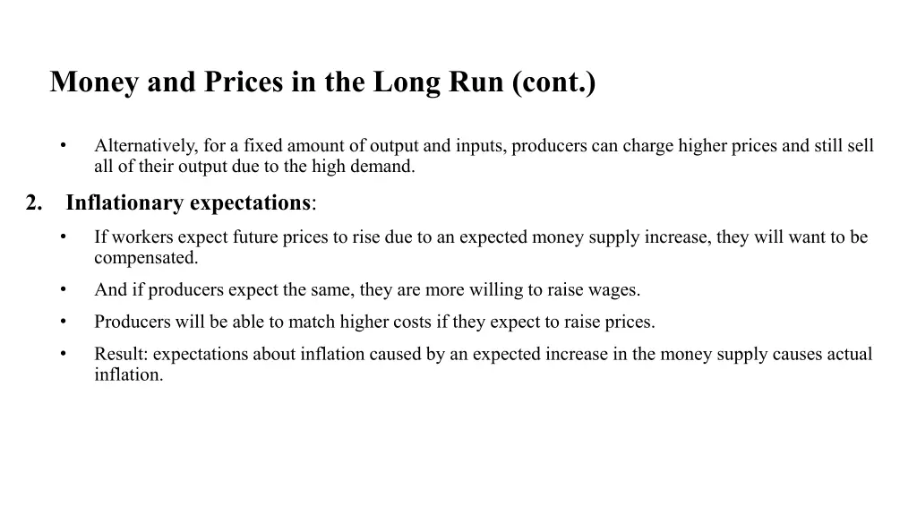 money and prices in the long run cont