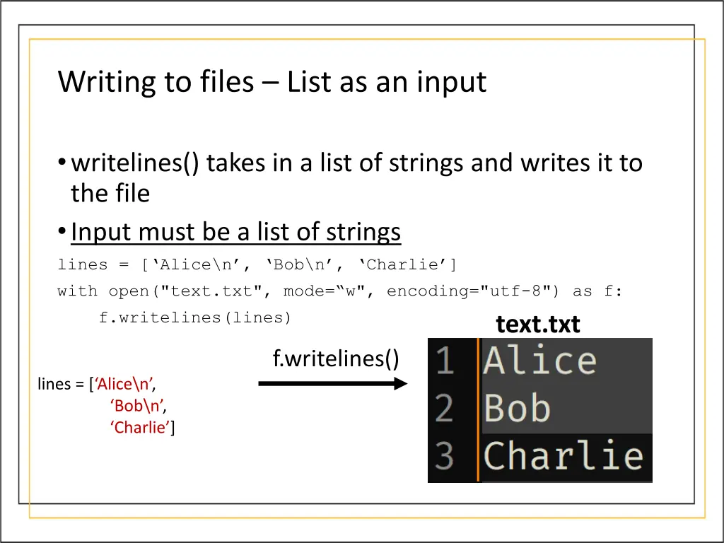 writing to files list as an input