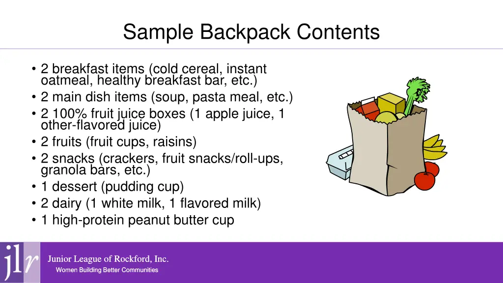 sample backpack contents