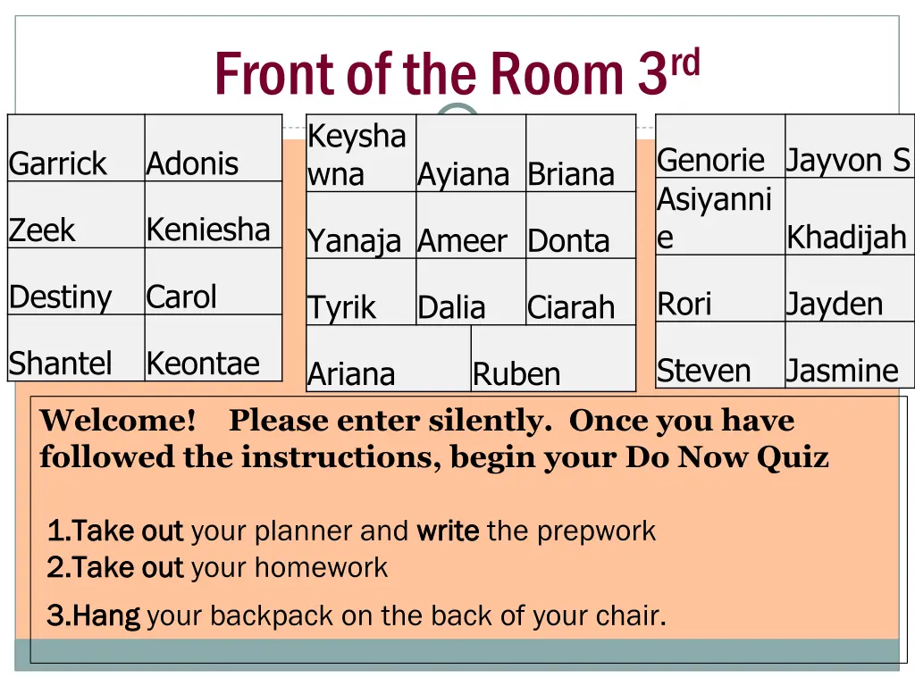 front of the room 3 rd keysha wna ayiana briana